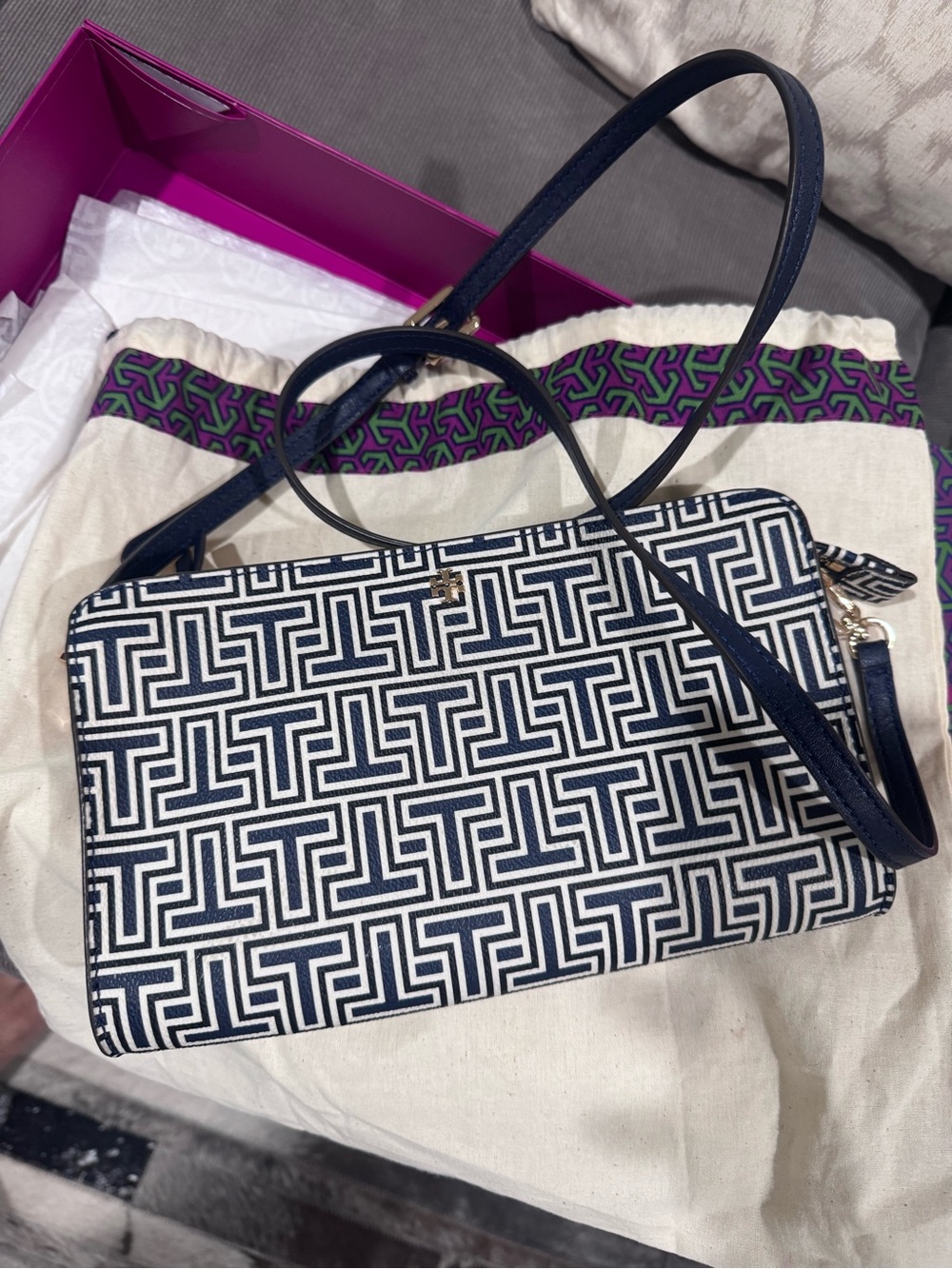 Tory Burch Navy and White Geometric Crossbody